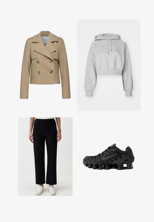 Beige double-breasted wollen jasje met een geknipte kraag, lange mouwen en twee grote knopen. Beschikt over voorste klepzakken en een getailleerde pasvorm.; Grijze cropped hoodie van zachte stof, met een voorkiep, een capuchon met trekkoord en geribbelde manchetten. Subtiel logo op de borst.; Zwarte, wijde broek van zacht materiaal, met een elastische tailleband en rechte snit. Gecombineerd met witte sneakers.; Zwarte sportieve schoen met mesh-bovenwerk en glanzende overlays. Bevat afgeronde spoelvering en textuur lijnen aan de zijkant. Nike-logo zichtbaar.