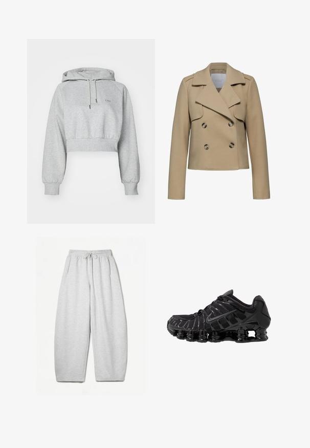 Giacca in lana beige doppiopetto con colletto a reversal, maniche lunghe e due grandi bottoni. Presenta tasche a patta frontali e una vestibilità sagomata.; Hoodie grigio corto realizzato in un morbido tessuto, con tasca frontale, cappuccio regolabile con cordino e polsini a costine. Logo discreto sul petto.; Pantaloni della tuta grigio chiaro con una vestibilità rilassata, vita elasticizzata, cordoncino e tasche laterali; realizzati in un morbido tessuto testurizzato.; Scarpa sportiva nera con tomaia in mesh e sovrapposizioni lucide. Presenta un'imbottitura a molla curva e linee texturizzate sul lato. Logo Nike visibile.