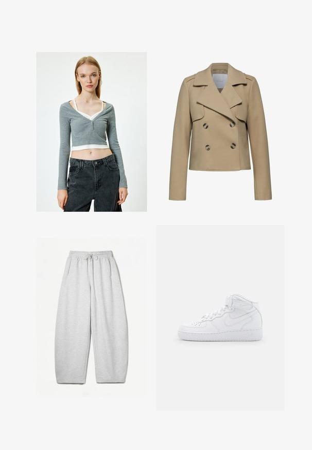 Beige double-breasted wollen jasje met een geknipte kraag, lange mouwen en twee grote knopen. Beschikt over voorste klepzakken en een getailleerde pasvorm.; Grijze cropped lange mouwen top met een V-hals, voorzien van drie knopen aan de voorkant. Gecombineerd met donkere high-waisted broeken. Witte tanktop zichtbaar eronder.; Lichtgrijze sweatpants met een ontspannen pasvorm, elastische tailleband, trekkoord en zijzakken; gemaakt van zachte, gestructureerde stof.; Witte hoge sneakers van leer met een gevoerde kraag, geperforeerde neus, veters en een verstelbare enkelband; logo op de zijkant.