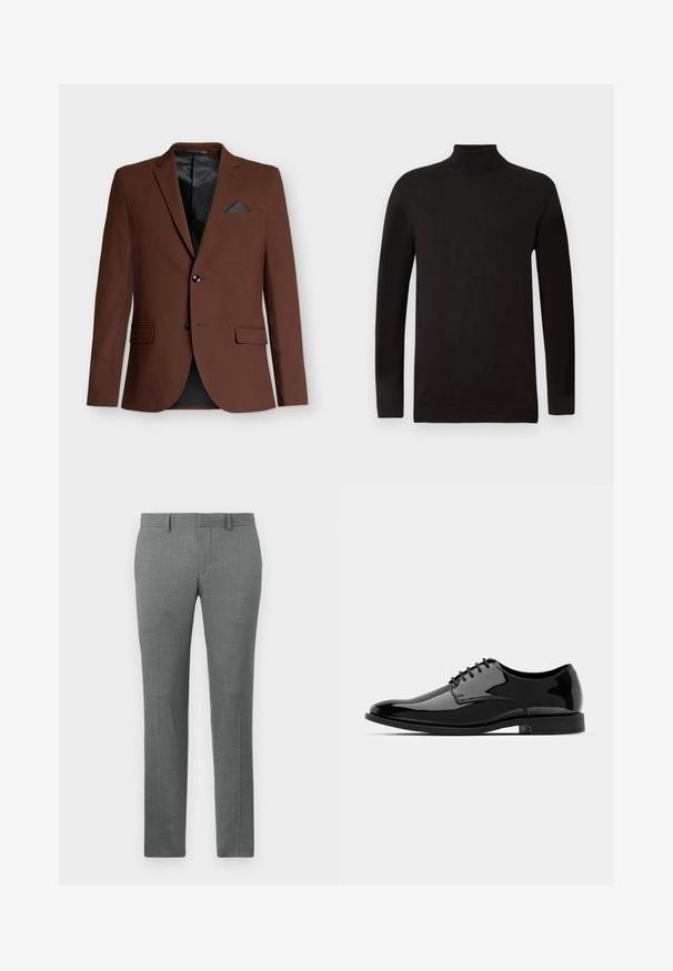 Brun blazer med en skræddersyet pasform, to frontlommer, en enkelt brystlomme med en mørk accent og et sort mesh-for.; Sort højhalset sweater i blødt strikket stof. Har lange ærmer og en tætsiddende pasform med ribkant på kraven og nederste kant. Minimal branding.; Grå skræddersyede bukser med en glat tekstur, lige ben design, bæltestropper og et subtilt hørmønster over det hele.; Sort lakeret dresssko med en afrundet tå, snørebåndsdesign og glat, skinnende overflade. Har en lavprofils gummisål.