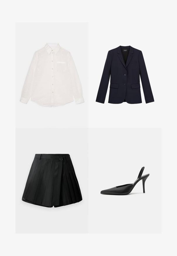 Blazer su misura blu navy con due bottoni, revers, e tre tasche. Realizzato in un tessuto liscio con una vestibilità strutturata e dettagli minimi.; Camicia bianca a maniche lunghe con un motivo testurizzato, chiusura a bottoni sul davanti, colletto, taschino singolo sul petto e finitura lucida.; Bermuda nera a pieghe con fronte piano, chiusura con bottone e tessuto leggero. Decorata con pieghe nette e orlo pulito.; Scarpe con tacco slingback nere con punta affusolata, realizzate in pelle liscia e dal design elegante e minimalista. Tacco a stiletto alto.