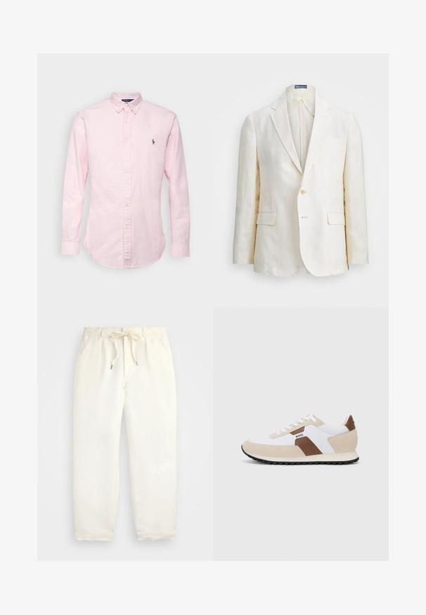 Lino švarkas kreminės spalvos, su išpjautu apykakliu, vienu mygtuku, dviem priekinėmis kišenėmis ir lieknu siluetu. Vienoda tekstūra.; Polo Ralph Lauren SLIM FIT STRIPED OXFORD SHIRT - Marškiniai - new rose/white; Šviesiai kreminės spalvos, laisvalaikio kelnės iš minkštos medžiagos. Turi elastinį juosmenį su raišteliais ir siaurėjantį kojų dizainą.; Batai sportiniai, pagaminti iš baltos tinklinės medžiagos ir kreminės zomšos, su rudos odos akcentu. Apvali noselė, plokščias gumos padas ir raištelių užsegimas.