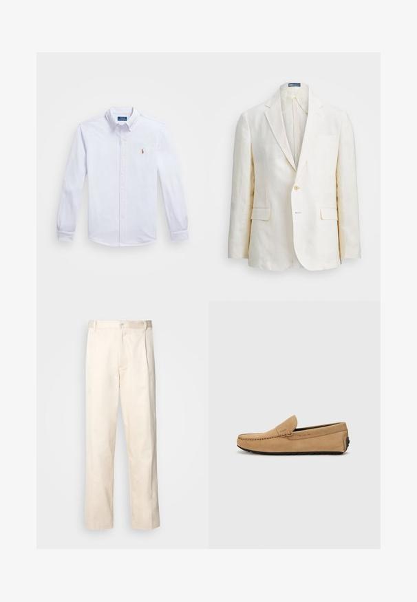 Λινό σακάκι σε λευκό φόντο με κανονικό γιακά, κλείσιμο με μονό κουμπί, δύο μπροστινές τσέπες και εφαρμογή slim fit. Λεία υφή.; Ανοιχτό γαλάζιο πουκάμισο μακρύ μανίκι με κολάρο που κλείνει με κουμπιά, μπροστινά κουμπιά και μικρό κεντημένο λογότυπο στο αριστερό στήθος. Κατασκευασμένο από βαμβακερό ύφασμα.; Μπεζ βαμβακερό παντελόνι με ίσια γραμμή, διαθέτει κουμπί κλεισίματος και πτυχές στο μπροστινό μέρος για επιπλέον λεπτομέρεια.; Μπεζ σουέτ μοκασίνι με ραμμένη μύτη, σχέδιο slip-on και μαύρη καουτσούκ σόλα. Έχει διακριτική σήμανση στο πλάι.