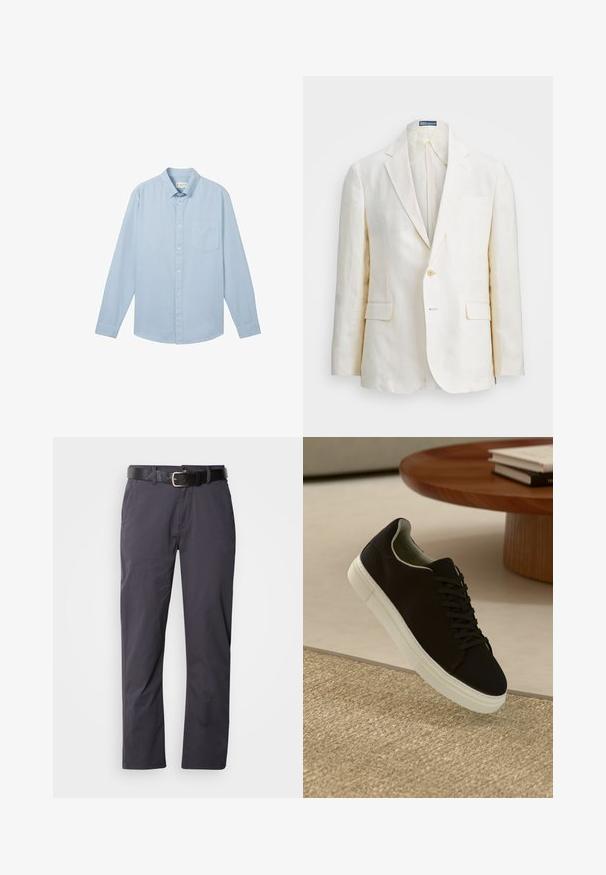 Lněný blazer krémové barvy s klopovým límcem, jedním knoflíkem, dvěma předními kapsami a slim fit designem. Hladká textilie.; Světlomodrá košile s dlouhým rukávem vyrobená z látky s texturovaným vzorem, vybavená límečkem na knoflíky a jednou kapsou na hrudi.; Černé bavlněné kalhoty se rovný střihem, se dvěma předními kapsami a páskem. Tkanina má hladkou texturu a matný povrch.; Černé tenisky s bílou podrážkou plující nad béžovým texturovaným kobercem poblíž kulatého dřevěného stolu se stohovanými knihami.