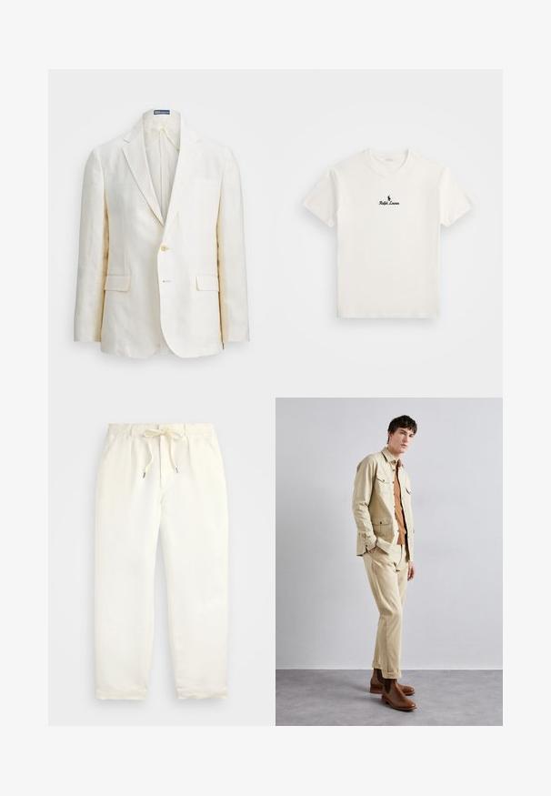 Linu žakete krēmkrāsā ar griezto apkakli, vienu pogu aizdari, divām priekšējām kabatām un šauru piegriezumu. Vienkārša tekstūra.; Balts kokvilnas T-krekls ar melnu izšūtu polo spēlētāja logotipu un tekstu "Ralph Lauren" uz krūšu. Īsas piedurknes, apaļš kakls.; Gaiši krēmkrāsas, ikdienišķi bikses, izgatavotas no mīkstas auduma. Iespējas ietver elastīgu jostu ar auklu un sašaurinātu kāju dizainu.; Bēša kokvilnas jaka ar divām krūšu kabatām virs tumši brūnas kreklas un saskaņotām bēšām biksēm. Tumši brūni ādas potīšu zābaki noslēdz apģērbu.