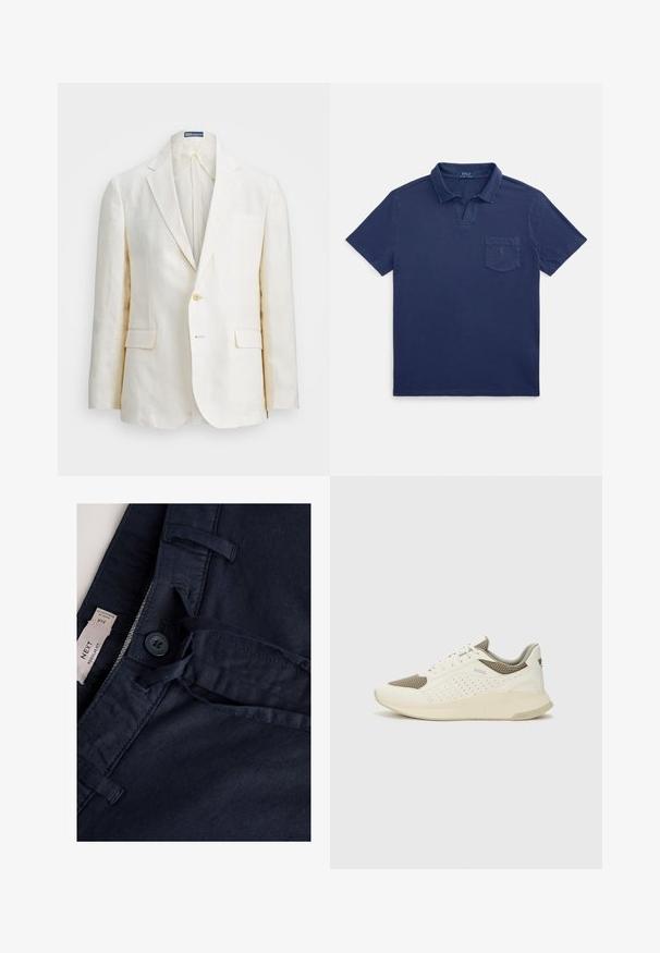 Lina bleiser off-white'ist, millel on niidileheline krae, ühe nupukinnise, kaks esikot ja slim fit disain. Ühtlane tekstuur.; Tumesinise värviga puuvillane polosärk, millel on kokkupandav krae, lühikesed varrukad ja rinnatasku väikese logoga.; Tumedate sinised puuvillased püksid, millel on nööp-kinnitus, pael ja taskute detailid. Sile tekstuur ja tavapärase lõikega disain. Silt on nähtav.; Valge ja heledat beeži värvi spordijalats, millel on õhuke võrkmaterjal, perforatsioonidega detailid ning tekstuuriga vahetald, millel on brändi logo kannaosas.