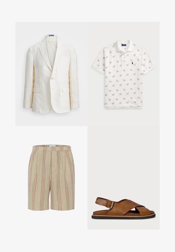 Lniana marynarka w kolorze off-white, z klapami, z jednym guzikiem, dwoma zewnętrznymi kieszeniami oraz dopasowanym krojem. Gładka faktura.; Biała koszulka polo z bawełny, z powtarzającym się niebieskim wzorem psów i małym niebieskim logo na piersi. Krótkie rękawy i kołnierzyk.; Spodenki w paski w odcieniach beżowym i jasnoróżowym, wykonane z teksturowanej tkaniny, z elastycznym pasem i bocznymi kieszeniami. Długość do połowy uda.; Brązowe skórzane sandały z krzyżującymi się paskami, regulowanym zapięciem na klamrę i fakturowaną podeszwą. Posiadają akcent z naturalnego włókna na krawędzi.