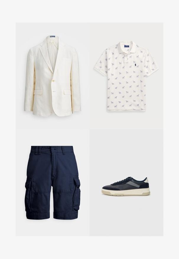 Lniana marynarka w kolorze off-white, z klapami, z jednym guzikiem, dwoma zewnętrznymi kieszeniami oraz dopasowanym krojem. Gładka faktura.; Biała koszulka polo z bawełny, z powtarzającym się niebieskim wzorem psów i małym niebieskim logo na piersi. Krótkie rękawy i kołnierzyk.; Granatowe szorty typu cargo wykonane z wytrzymałego materiału, wyposażone w boczne kieszenie, zapięcie na guziki oraz przeszycia dodające faktury.; BOSS BALTIMORE niebieski