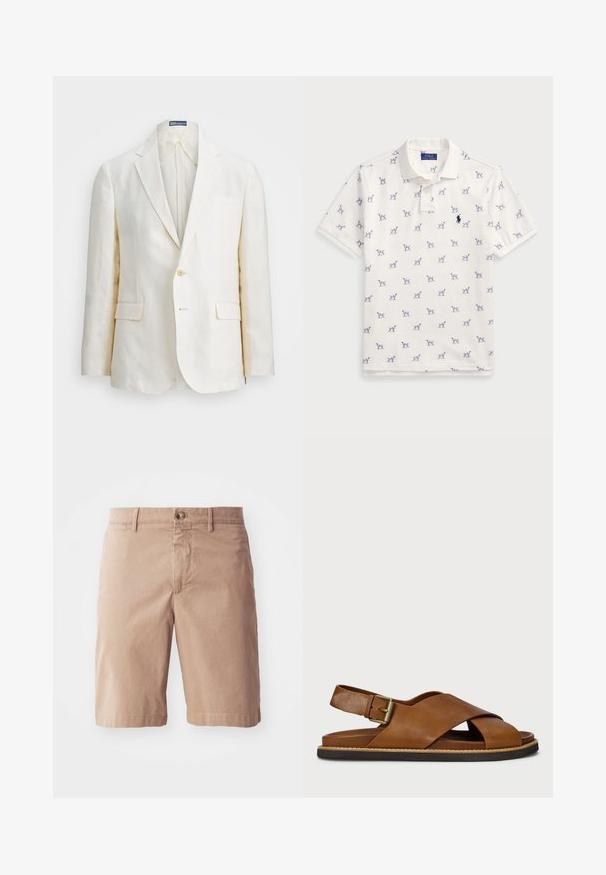Linen blazer in off-white with a notch lapel, single button closure, two front pockets, and a slim fit design. Plain texture.; White polo shirt made of cotton, featuring a repeated blue dog pattern and a small blue logo on the chest. Short sleeves and collar.; Beige cotton shorts with a straight leg design, featuring a front button closure and belt loops. Smooth texture with minimal stitching details.; Brown leather sandal with cross-strap design, adjustable buckle, and textured sole. Features a natural fiber accent on the edge.