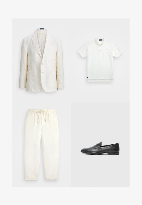 Linu žakete krēmkrāsā ar griezto apkakli, vienu pogu aizdari, divām priekšējām kabatām un šauru piegriezumu. Vienkārša tekstūra.; Balta polo krekls, izgatavots no kokvilnas, ar klasisku apkakli, trīs pogu aizdari un kreisajā krūtī kabatu; neliels logo apakšmalā.; Gaiši krēmkrāsas, ikdienišķi bikses, izgatavotas no mīkstas auduma. Iespējas ietver elastīgu jostu ar auklu un sašaurinātu kāju dizainu.; Melnas ādas loafer kurpes ar gludu tekstūru, zemu papēdi un viegli uzvelkamu dizainu, kurām ir pacelts šuvums pa priekšu.