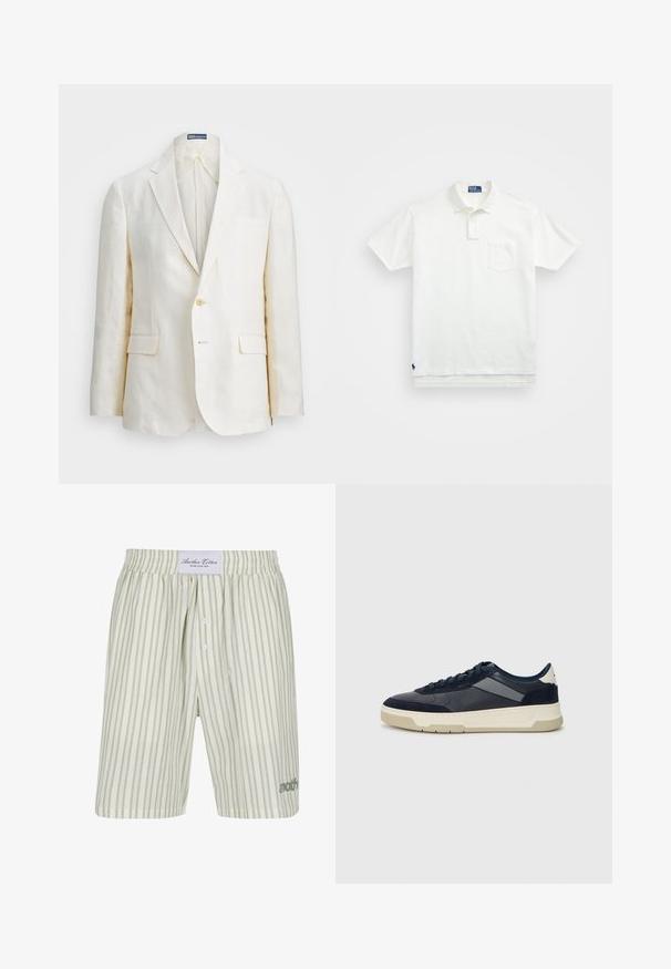 Lino švarkas kreminės spalvos, su išpjautu apykakliu, vienu mygtuku, dviem priekinėmis kišenėmis ir lieknu siluetu. Vienoda tekstūra.; Balta polo marškiniai pagaminti iš medvilnės, su klasikiniais kraštais, trijų mygtukų sprandeliu ir kairiuoju krūtinės kišeniu; mažas logotipas apačioje.; Šviesiai žali dryžuoti medvilniniai šortai su raišteliu juosmenyje, priekiniais mygtukais ir subtiliu logotipo detalumu apatiniame kairiajame kampe.; BOSS BALTIMORE - Sportbačiai - open blue