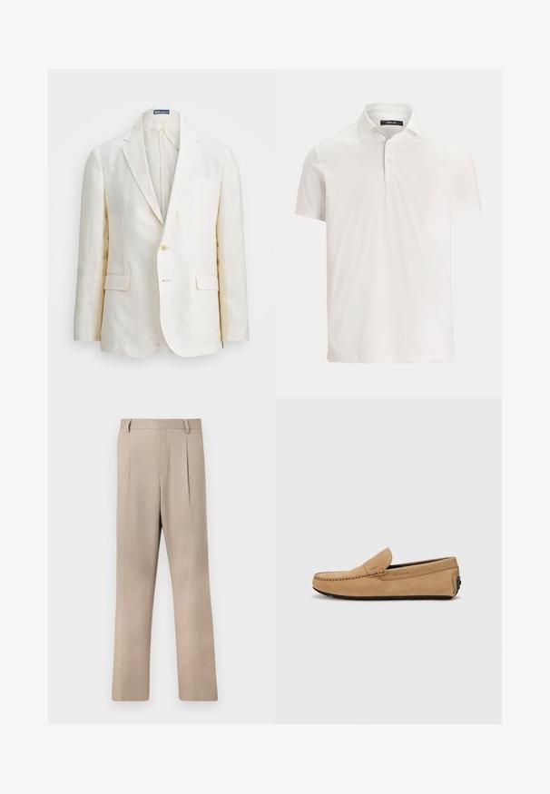 Lniana marynarka w kolorze off-white, z klapami, z jednym guzikiem, dwoma zewnętrznymi kieszeniami oraz dopasowanym krojem. Gładka faktura.; Męska biała koszulka polo z krótkim rękawem, kołnierzem, dwoma guzikami oraz subtelną metką z logo na wewnętrznej stronie kołnierza.; Jasnobeżowe spodnie ukośne o prostym kroju, z gładką fakturą i plisami z przodu dla dodatkowego efektu.; Beżowe zamszowe mokasyny z przeszytym noskiem, slip-on, z czarną gumową podeszwą. Posiada delikatne logo po boku.