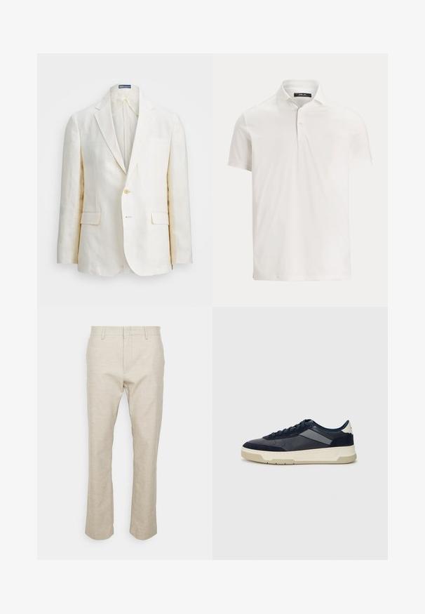 Ľanový blejzer v off-white farbe s klopovým golierom, zapínaním na jeden gombík, dvoma prednými vreckami a slim fit strihom. Hladká textúra.; Pánska biela polokošeľa s krátkym rukávom, golierom, dvoma gombíkmi a jemnou značkou na vnútornej strane goliera.; Béžové ľanové nohavice s rovnými nohavicami, prednými vreckami a hladkým povrchom. Minimalistický dizajn; bez viditeľných vzorov alebo kovania.; BOSS BALTIMORE - Tenisky - open blue