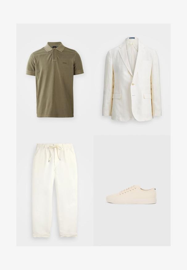 Ľanový blejzer v off-white farbe s klopovým golierom, zapínaním na jeden gombík, dvoma prednými vreckami a slim fit strihom. Hladká textúra.; Olívovo zelené polo tričko vyrobené z bavlny, s dvojradovým zapínaním, krátkymi rukávmi a subtilným logom na hrudi.; Svetlo krémové, voľné nohavice vyrobené z mäkkého materiálu. Majú elastický pás s šnúrkou a zúžený strih nohavíc.; Bežové plátnené tenisky s okrúhlou špičkou, plochou gumovou podrážkou a šnurovaním. Majú minimalistický dizajn a kontrastný čierny akcent na päte.