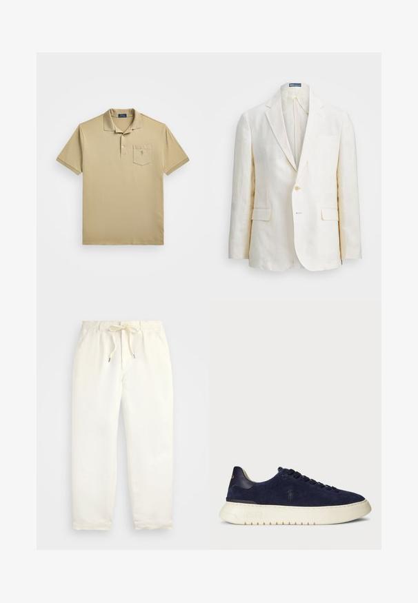Linu žakete krēmkrāsā ar griezto apkakli, vienu pogu aizdari, divām priekšējām kabatām un šauru piegriezumu. Vienkārša tekstūra.; Polo Ralph Lauren Big & Tall SHORT SLEEVE - Polo krekls - classic khaki; Gaiši krēmkrāsas, ikdienišķi bikses, izgatavotas no mīkstas auduma. Iespējas ietver elastīgu jostu ar auklu un sašaurinātu kāju dizainu.; Jūras kara flotes zamšādas zemas kedas ar strukturētu virsmu, gumijas zoli un tonālām šņorēm, ar mazu logotipu uz sāna un papēža.