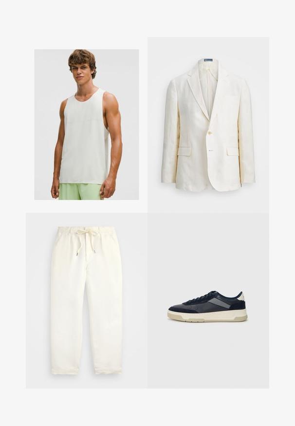 Liinapuku off-white värviga, millel on lõikelapell, üks nööp, kaks eesmist taskut ja kitsas sobivus. Üksik tekstuur.; Nuori mies, joka on pukeutunut ilmanhihaiseen valkoiseen urheilutoppiin ja vaaleanvihreisiin urheilushortseihin, seisoo tasaisen valkoisen taustan edessä.; Vaalean kermanväriset, rentoihin housut pehmeästä kankaasta. Ominaisuuksia ovat joustava vyötärönyöri, ja kavennetut lahkeet.; BOSS BALTIMORE - Matalavartiset tennarit - open blue
