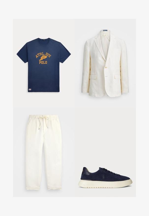 Lino švarkas kreminės spalvos, su išpjautu apykakliu, vienu mygtuku, dviem priekinėmis kišenėmis ir lieknu siluetu. Vienoda tekstūra.; Tamsiai mėlyna medvilninė marškinėliai su apvali apykakle, su geltonu atspaudu „ATHL.DIV. 67 POLO“ ir logotipu apačioje. Trumpomis rankovėmis, įprasto kirpimo.; Šviesiai kreminės spalvos, laisvalaikio kelnės iš minkštos medžiagos. Turi elastinį juosmenį su raišteliais ir siaurėjantį kojų dizainą.; Tamsiai mėlyni jovimo odos žemi sportbačiai su tekstūruotu paviršiumi, guma padais ir tonuotais raišteliais, su mažu logotipu šone ir ant kulno.