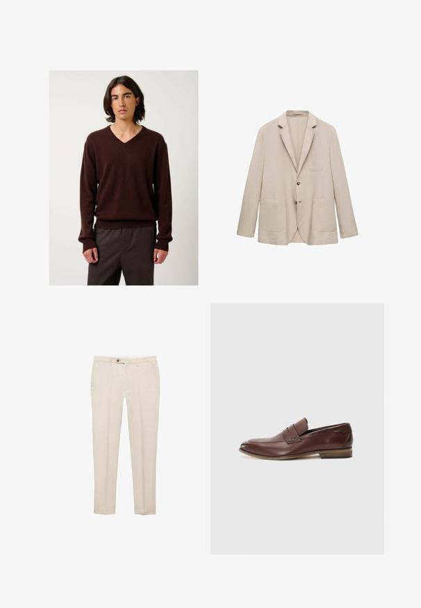 Béžový lněný blazer se dvěma předními kapsami, uzavíráním na jeden knoflík, klopami a přiléhavým střihem. Hladká textura a minimální detaily.; Hnědý svetr s výstřihem do V vyrobený z měkkého materiálu s dlouhými rukávy a žebrovanými manžetami. Vytvořený v kombinaci s tmavými, volně střiženými kalhotami. Jednoduchý a elegantní design.; Mango Kalhoty - beige; Hnědá kožená nazouvací bota s texturovanou panelou, mírně špičatou špičkou a malým podpatkem. Obsahuje dekorativní prošívání.
