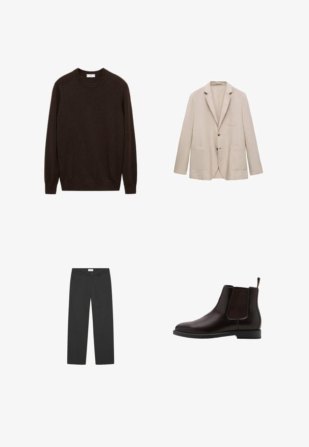 Bež laneni sako z dvema sprednjima žepoma, zapiranjem na en gumb, s počeščenim ovratnikom in prilegajočim krojem. Gladka tekstura in minimalni detajli.; Rjav pleten pulover s okroglim ovratnikom, rebrastimi manšetami in robom. Ima teksturiran zaključek in raglan rokave za sproščen kroj.; Črne hlače iz lahkega materiala. Imajo ravno nogavico, ravno sprednjo stran, stranske žepe in diskretno pasovi.; Rjava usnjena Chelsea škornja z elastičnimi stranskimi paneli, zaobljenim nosom in zanka za enostavno obuvanje. Ravna gumijasta podplat. Preprost dizajn.