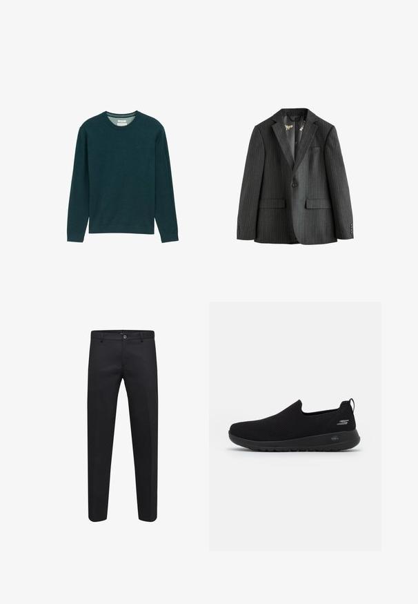 Tumehall pinstripe bleiser, ühes nupuga, aukude tekkega, klapptaskute ja mustriga sisekattega. Omab nööpidega varrukaotsi.; Tume roheline pikkade varrukatega dressipluus ribatud ümaravarrega, pehme tekstuuriga ja ees diskreetse logoga detail. Klassikaline lõige.; Mustad kohandatud püksid, mis on valmistatud siledast kangast ja millel on nööbilukk, vöökonksud ning küljetaskud, otse jalgade disainiga.; Mustad musta libisemisega sneaker, millel on hingav võrkkate, ümar varvas ja pehmendatud kummist tald. Külgedel on logo.