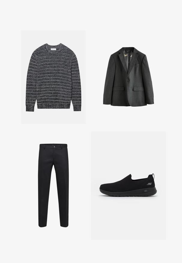 Blazer de rayas en gris oscuro, de una sola fila de botones con solapas de muesca, bolsillos de solapa y un forro interior estampado. Presenta puños con botones.; Jersey de punto con rayas horizontales gris oscuro y blancas, cuello redondo, puños y dobladillo acanalados. Textura suave, ajuste regular.; Pantalones negros ajustados elaborados con una tela suave, que presentan un cierre de botón, trabillas para cinturón y bolsillos laterales, con un diseño de pierna recta.; Zapatilla negra sin cordones con parte superior de malla transpirable, puntera redonda y suela de goma acolchada. Presenta un logotipo en el lateral.