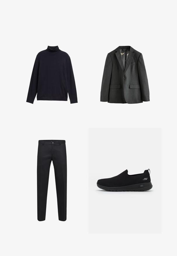 Donkergrijs gestreepte blazer, enkelvoudig met notch revers, klepzakken en een met patroon gevoerde binnenzijde. Voorzien van knoopmanchetten.; Marineblauw coltrui gemaakt van glad gebreid stof, met lange mouwen en een ontspannen pasvorm. Klein logo op de borst.; Zwarte op maat gemaakte broek gemaakt van een soepele stof, met een knoopsluiting, riemlussen en zijzakken, in een recht model.; Zwarte instap sneaker met een ademende mesh bovenkant, ronde neus en een gevoerde rubberen zool. Bevat een logo aan de zijkant.