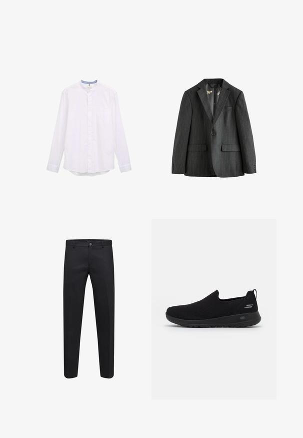 Sötétszürke csíkos zakó, egysoros, kifordított hajtókával, hajtókás zsebekkel és mintás bélésével. Gombos mandzsettái vannak.; Fehér, hosszú ujjú ing band gallérral, gombos hozzáféréssel és egyetlen mellzsebbel. Kontrasztos világoskék belső gallérjával rendelkezik.; Fekete, sima anyagból készült, testre szabott nadrág, gombos záródással, övhurkokkal és oldalsó zsebekkel, egyenes szárú kialakítással.; Fekete slip-on sportcipő légáteresztő hálós felsőrésszel, kerek orral és párnázott gumitalppal. Az oldalon logó található.