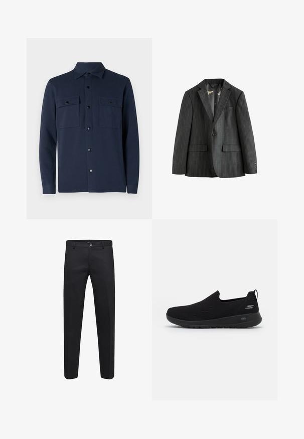 Mörkgrå blazer med ränder, enknäppt med slagkragar, fickor med flik och mönstrad innerfoder. Har knäppte ärmslut.; Marinblå skjorta med knappar, tillverkad av mjukt material, med två bröstfickor, en spetsig krage och rak nederkant. Inga mönster eller detaljer synliga.; Svarta skräddarsydda byxor i en slät väv med knäppning, bältesöglor och sidofickor, med rak bendesign.; Svart slip-on sneakers med en ventilerande mesh-överdel, rund tå och vadderad gummisula. Har en logotyp på sidan.