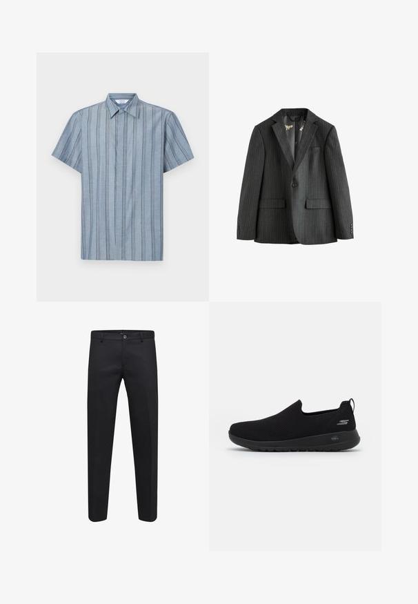 Blazer de rayas en gris oscuro, de una sola fila de botones con solapas de muesca, bolsillos de solapa y un forro interior estampado. Presenta puños con botones.; Camisa de manga corta con cuello en tejido azul claro con rayas verticales. Presenta un patrón texturizado y un dobladillo recto.; Pantalones negros ajustados elaborados con una tela suave, que presentan un cierre de botón, trabillas para cinturón y bolsillos laterales, con un diseño de pierna recta.; Zapatilla negra sin cordones con parte superior de malla transpirable, puntera redonda y suela de goma acolchada. Presenta un logotipo en el lateral.
