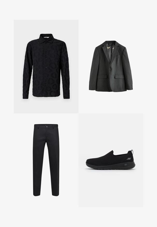 Tumši pelēkas svītrkotas žaketes, vienas rindas ar kniedētām apkaklēm, kabatām ar atloku un ar rakstainu iekšējo oderi. Iespējas ar pogām pie piedurknēm.; Melnas garām piedurknēm pogājama krekla ar maigu teksturētu apļa rakstu un krūšu kabatu attēlojums uz baltas fona.; Melni piegriezti bikses, kas izgatavotas no gludas auduma, ar pogu aizdari, jostu cilpām un sānu kabatām, ar taisnu kāju dizainu.; Melnas slip-on kedas ar elpojošu acs augšdaļu, apaļu purngalu un mīkstu gumijas zoli. Uz sāna ir logotips.