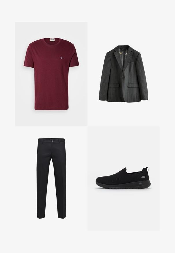 Donkergrijs gestreepte blazer, enkelvoudig met notch revers, klepzakken en een met patroon gevoerde binnenzijde. Voorzien van knoopmanchetten.; Bordeaux kortemouw t-shirt met ronde hals en een klein wit geborduurd GANT-logo op de linker borst.; Zwarte op maat gemaakte broek gemaakt van een soepele stof, met een knoopsluiting, riemlussen en zijzakken, in een recht model.; Zwarte instap sneaker met een ademende mesh bovenkant, ronde neus en een gevoerde rubberen zool. Bevat een logo aan de zijkant.