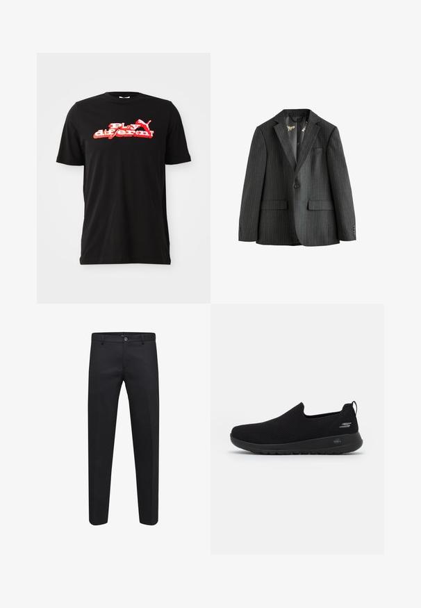 Tmavošedý pruhovaný blejzer, jednoradový s klopovými goliermi, so záklopovými vreckami a vzorovanou podšívkou. Má zapínacie manžety.; Čierne bavlnené tričko s odvážnym červeným a bielym grafickým dizajnom s textom "Hraj inak!" a logom. Krátke rukávy a okrúhly výstrih.; Čierne ušité nohavice z hladkej látky s gombíkovým zapínaním, pútkami na opasok a bočnými vreckami, s rovnými nohavicami.; Čierne slip-on tenisky s priedušným vrchným materiálom z twitteru, okrúhlou špičkou a polstrovanou gumovou podošvou. Na boku sa nachádza logo.