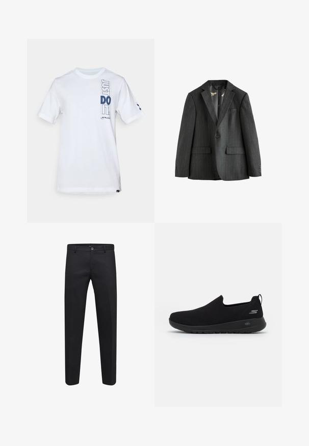 Donkergrijs gestreepte blazer, enkelvoudig met notch revers, klepzakken en een met patroon gevoerde binnenzijde. Voorzien van knoopmanchetten.; Witte katoenen t-shirt met een grafische print van "JUST DO IT" in marineblauw, korte mouwen en een ronde hals. Merkenlogo op de mouw.; Zwarte op maat gemaakte broek gemaakt van een soepele stof, met een knoopsluiting, riemlussen en zijzakken, in een recht model.; Zwarte instap sneaker met een ademende mesh bovenkant, ronde neus en een gevoerde rubberen zool. Bevat een logo aan de zijkant.