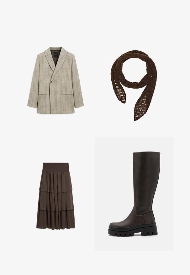 Light beige blazer with a grid pattern. Features a shawl collar, center button closure, and two front pockets. Smooth textile finish.; Massimo Dutti SNAKESKIN PRINT GARMENT WITH RUFFLES - Blouse - beige; Massimo Dutti LONG RUFFLED - A-line skirt - mottled dark brown; Brown leather knee-high boots with a chunky black platform sole and minimal stitching details. Sleek design with smooth texture.; Massimo Dutti Scarf - brown