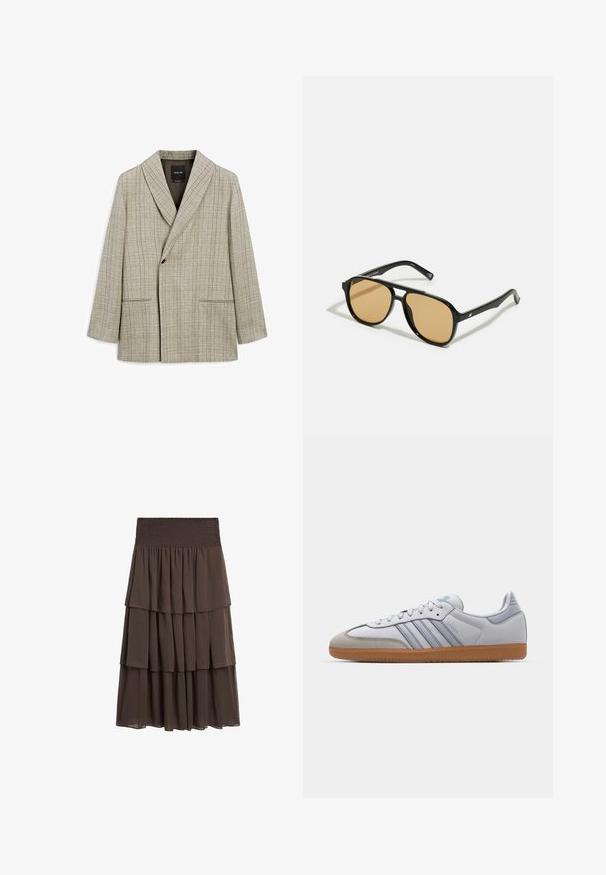 Lys beige blazer med et rutenetmønster. Har en sjalkrave, midterknaplukning og to forlommer. Glat tekstilfinish.; Massimo Dutti SNAKESKIN PRINT GARMENT WITH RUFFLES - Bluse - beige; Massimo Dutti LONG RUFFLED - A-snit nederdel - mottled dark brown; Hvide lædersneakers med lyseblå accenter, grå ruskindsnæse og en brun gummisål. Har tre blå striber og "Samba" branding.; Sorte solbriller med brune tonede linser; rektangulær form med en tyk ramme, herunder diskrete hardwaredetaljer på stængerne.; Brun lædertaske med to robuste håndtag, rektangulær form, glat tekstur og lynlås lukning. Minimalistisk design uden synlige mønstre.