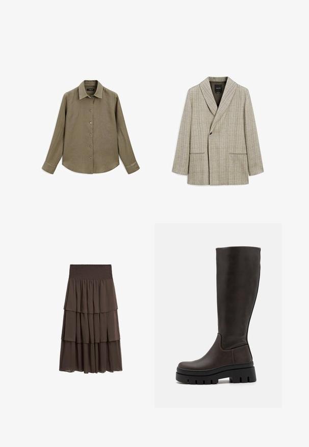Light beige blazer with a grid pattern. Features a shawl collar, center button closure, and two front pockets. Smooth textile finish.; Long-sleeve, olive-green shirt with a collar, button-front closure, and smooth, textured fabric. Features a rounded hem and buttoned cuffs.; Massimo Dutti LONG RUFFLED - A-line skirt - mottled dark brown; Brown leather knee-high boots with a chunky black platform sole and minimal stitching details. Sleek design with smooth texture.
