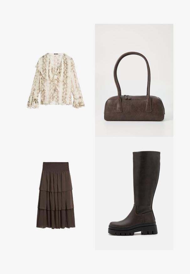 Lys beige blazer med et rutenetmønster. Har en sjalkrave, midterknaplukning og to forlommer. Glat tekstilfinish.; Massimo Dutti SNAKESKIN PRINT GARMENT WITH RUFFLES - Bluse - beige; Massimo Dutti LONG RUFFLED - A-snit nederdel - mottled dark brown; Brune læder knæhøje støvler med en kraftig sort platformsål og minimale syninger. Elegant design med glat tekstur.; Brun lædertaske med to robuste håndtag, rektangulær form, glat tekstur og lynlås lukning. Minimalistisk design uden synlige mønstre.