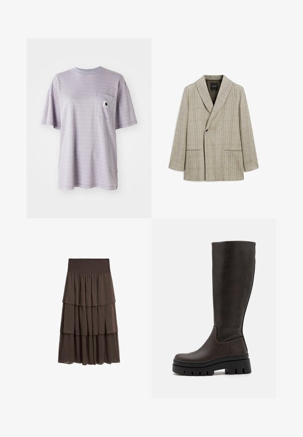 Lichtbeige blazer met een ruitenpatroon. Heeft een sjawlrapport, sluiting met een middelste knoop en twee voorkennis. Glad textielafwerking.; Lichtpaarse t-shirt met korte mouwen met subtiele horizontale strepen en een borstzak met een klein merklogo. Zachte katoenstof.; Massimo Dutti SNAKESKIN PRINT GARMENT WITH RUFFLES - Blouse - beige; Massimo Dutti LONG RUFFLED - A-lijn rok - mottled dark brown; Bruine leren kniehoogse laarzen met een chunky zwart platformzool en minimale stikseldetails. Strak ontwerp met een gladde textuur.