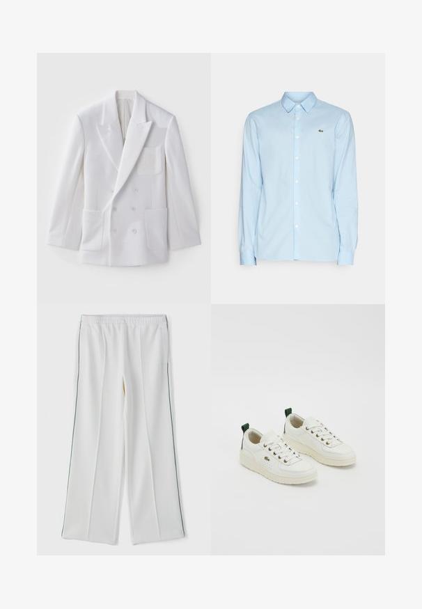 White double-breasted blazer with two front pockets, notched lapels, and an embroidered patch on the chest. Smooth texture, tailored fit.; Light blue long-sleeve shirt made of smooth fabric, featuring a classic collar, button-down front, and a small green logo on the chest.; White wide-leg trousers with an elastic waistband, featuring side pockets and a contrasting green trim along the sides. Smooth fabric texture.; White leather sneakers with green accents, lace-up design, gold eyelets, and textured panels. Thick cream-colored rubber sole.