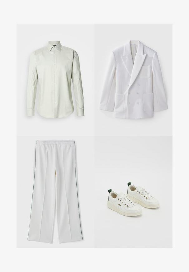 Biely dvojradový blejzer s dvoma prednými vreckami, klopovým golierom a vyšívanou nášivkou na hrudi. Hladká textúra, prispôsobený strih.; Svetlozelená košeľa s dlhým rukávom, zapínaním na gombíky a štruktúrovaným golierom, s hladkou textúrou a predným zapínaním s bielymi gombíkmi.; Biele široké nohavice s elastickým pásom, s postrannými vreckami a kontrastným zeleným lemovaním po stranách. Hladká textúra látky.; Biele kožené tenisky so zelenými akcentmi, dizajn na šnurovanie, zlaté očká a textúrované panely. Hrubá krémová gumová podrážka.
