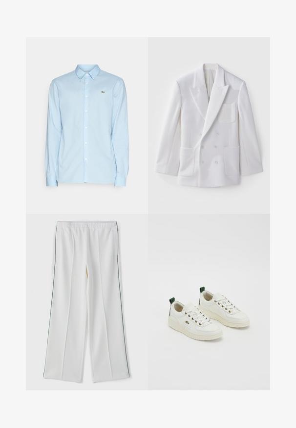 Balta dvigubo užsegimo švarkas su dviem priekiniais kišenėmis, įpjovinėmis apykaklėmis ir siuvinėtu ženkliuku ant krūtinės. Lygus audinys, pritaikytas siluetas.; Šviesiai mėlyna ilgomis rankovėmis marškiniai, pagaminti iš lygios medžiagos, su klasikinėmis apykaklėmis, sagčių priekyje ir mažu žaliu logotipu ant krūtinės.; Baltos plačios kelnės su elastinga juosmena, turinčios šonines kišenes ir kontrastingą žalią apvadą šonuose. Glotni audinio tekstūra.; Baltos odinės sportinės bateliai su žaliais akcentais, raišteliais, auksinėmis akėčiomis ir tekstūruotais paviršiais. Storis kreminės spalvos guminis padas.