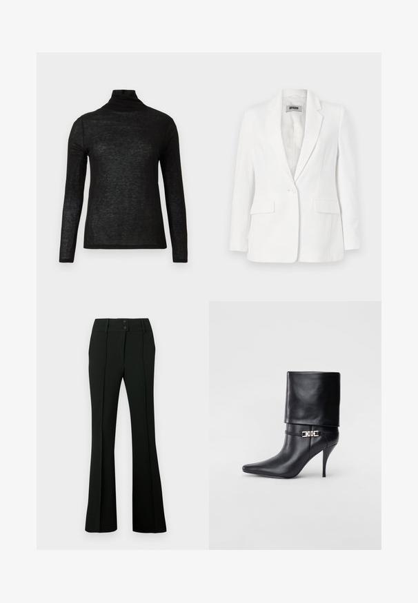 DRYKORN ATLIN - Blejzr - offwhite; Černý dlouhý rukáv polo-průhledný rolák s úzkým střihem a jednoduchým designem na bílém pozadí.; Černé kalhoty s rozšířenými nohavicemi z hladké látky, vysokým pasem se dvěma knoflíky a předními záhyby, které dodávají upravený vzhled.; Černé kožené kotníkové boty s špičatou špičkou, vysokým stiletto podpatkem, ohrnovací manžetou a zlatým ozdobným přezkovým detailem na kotníku.