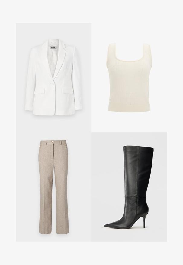 DRYKORN ATLIN mleczny; Bezrękawnik z dzianiny w odcieniu off-white, z kwadratowym dekoltem i teksturowanym wzorem. Dyskretny prążkowany dół i grube ramiączka.; Beżowe spodnie w jodełkę o prostych nogawkach, z dwoma złotymi guzikami w talii i gładkim, teksturowanym materiałem.; Czarne skórzane kozaki do kolan z ostrym noskiem i cienkim obcasem typu stiletto, o gładkiej fakturze, przedstawione z boku na neutralnym tle.