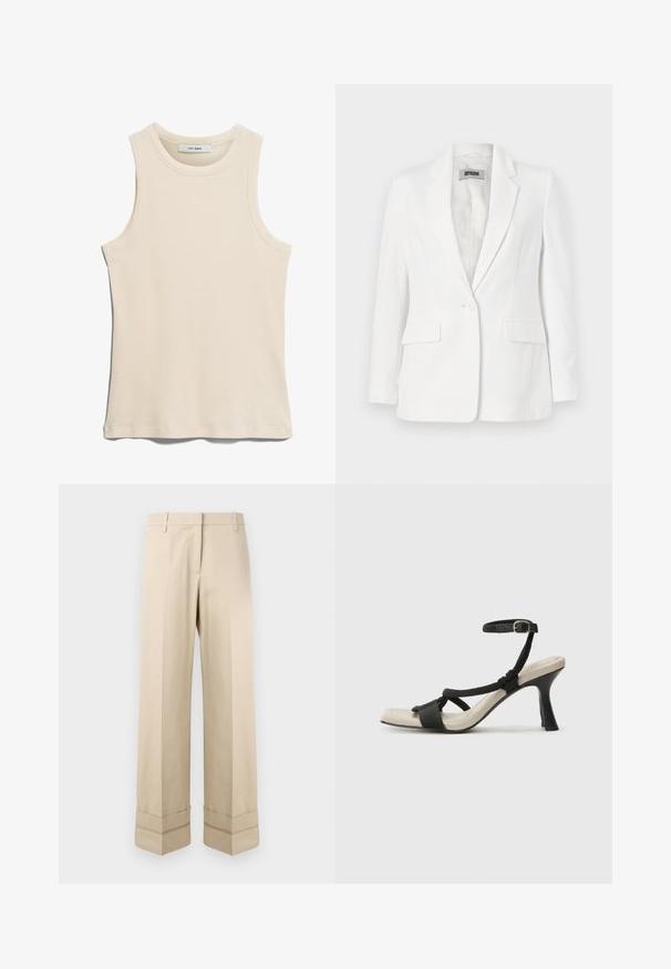 DRYKORN ATLIN - Blazer - offwhite; Ærmeløs lys beige tanktop lavet af ribbet stof, med en rund halsudskæring og et rent, minimalistisk design.; Beige bukser med lige pasform, der har en dobbelt manchet i kanten og en flad frontdesign. Lavet af glat, slidstærkt stof.; Sorte hælede sandal med flettet remdesign, firkantet tå og justerbar ankelrem. Lys beige fodseng med en blank sort hæl.