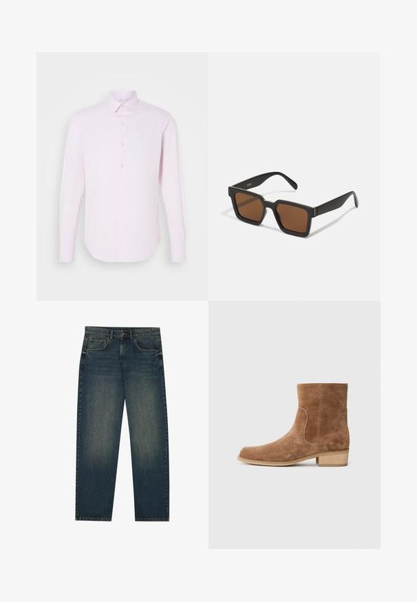 Struktuurne kangas beeži ja pruuniga zigzag-mustris, mille valge vooder on nähtav taskus; nurgas neli musta nööpi.; Hele roosa pikade varrukatega särk, millel on nupulukk, punktkaelus ja sile tekstuur. Omab peeneid vertikaalseid ridasid ja kitsast istuvust.; Tumed sinine denimi teksad otse lõikega, viie taskuga disain ja kergelt kulunud tekstuur jalgadel. Sobib igapäevaseks kandmiseks.; Pruunist sametist ankle saapad, millel on veidi ümar varvas, madal puitkandiline konts, elastsed külgpaneelid ja sujuv õmblus vahekohtade mööda.; Must mustad prillid pruunide läätsedega, millel on matt viimistlus ja kuldsed aktsendid raami peal. Disain on nurkne laia varrega.; Casio ristkülikukujuline kell valge näo, kuldsete aktsentidega, rooma numbritega ja pruunist krokodillimustriga nahkrihmaga. Veekindel disain.