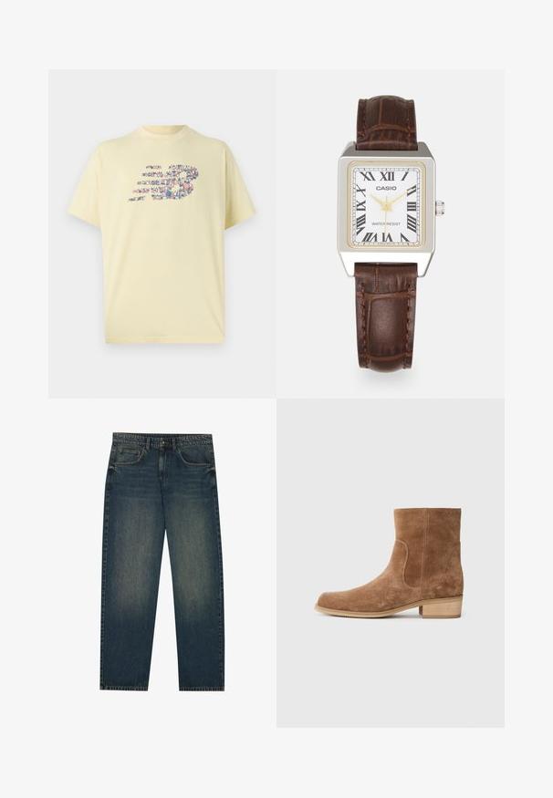 Struktuurne kangas beeži ja pruuniga zigzag-mustris, mille valge vooder on nähtav taskus; nurgas neli musta nööpi.; Kollane puuvillane t-särk, millel on ümmargune kaelus ja lühikesed varrukad. Kujunduses on "NB" logo, mis on koostatud värvilistest kujunditest.; Tumed sinine denimi teksad otse lõikega, viie taskuga disain ja kergelt kulunud tekstuur jalgadel. Sobib igapäevaseks kandmiseks.; Pruunist sametist ankle saapad, millel on veidi ümar varvas, madal puitkandiline konts, elastsed külgpaneelid ja sujuv õmblus vahekohtade mööda.; Casio ristkülikukujuline kell valge näo, kuldsete aktsentidega, rooma numbritega ja pruunist krokodillimustriga nahkrihmaga. Veekindel disain.