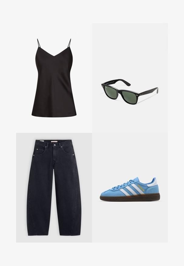 Zwarte, cropped jas gemaakt van glanzend, nep leer. Voorzien van twee borstzakken, een knoopsluiting aan de voorkant en een puntige kraag. Gladde textuur.; Zwarte satijnen camisole met dunne verstelbare schouderbandjes, V-hals, vloeiende silhouet en subtiele logodetail links onderaan.; Adidas wit gestreept t-shirt met marineblauwe accenten, met een ronde hals, korte raglanmouwen en een duidelijk zichtbaar "adidas" logo op de voorkant.; Zwarte denim wijde pijpen jeans met een hoge taille, twee frontzakken en zilveren hardware. Gladde textuur, minimale stiksels en rechte snit.; Lichtblauwe suède sneakers met witte leren strepen, een bruine textuurzool en gouden logo-detail. Laag ontwerp met een ronde neus.; Zwarte plastic zonnebril met groene lenzen, vierkante montuur, zilveren accent op de wenkbrauw en een gestructureerde tempel. Merken vermeld op de binnenkant van de arm.; Zwarte draagtas met twee lange handvatten, een ritssluiting bovenaan en een klein groen krokodillenlogo centraal onder de handvatten.