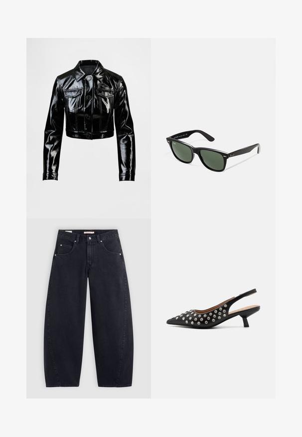 Musta, lyhyt takki kiiltävästä keinonahasta. Siinä on kaksi rintataskua, napitettava etuosa ja terävä kaulus. Sileä pinta.; Adidas valkoinen raidallinen t-paita tummansinisillä yksityiskohdilla, jossa on pyöreä kaula-aukko, lyhyet raglan-hihat ja rohkea "adidas"-logo edessä.; Mustat farkut, joissa on leveät lahkeet ja korkea vyötärö, kaksi etutaskua ja hopeiset yksityiskohdat. Sujuva pinta, minimaalinen ompelu ja suora leikkaus.; Mustikka slingback-tossua, jossa on terävä kärki, koristeltu hopeisilla napeilla, matalalla lohkare-korolla ja sileällä nahkapinnalla.; Mustat muoviset aurinkolasit, joissa on vihreät linssit, neliönmuotoiset kehykset, hopeinen yksityiskohta kulmakarvojen kohdalla sekä tekstuuriset temppeleiden varret. Brändi ilmoitettu sisävarsissa.; Musta kangaskassi, jossa on kaksi pitkää kahvaa, vetoketjullinen yläosa ja pieni vihreä krokotiililogo keskellä kahvojen alla.