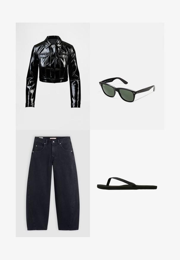 Czarna, krótka kurtka wykonana z błyszczącej, sztucznej skóry. Posiada dwie kieszenie na piersi, zapięcie na guziki z przodu oraz szpiczasty kołnierz. Gładka faktura.; Biała koszulka Adidas w paski z granatowymi akcentami, charakteryzująca się okrągłym dekoltem, krótkimi rękawami raglanowymi oraz wyraźnym logo "adidas" z przodu.; Czarne dżinsowe spodnie szerokie w nogawkach z wysokim stanem, dwoma przednimi kieszeniami i srebrnymi elementami. Gładka tekstura, minimalne detale w szwach i prosty krój.; Czarne klapki z fakturowanym paskiem i płaską podeszwą. Pasek ma subtelny blask. Prosty design, lekka waga i elastyczny kształt.; Czarne plastikowe okulary przeciwsłoneczne z zielonymi szkłami, kwadratowe oprawki, srebrny akcent na brwi oraz fakturowane ramiona temple. Nazwa marki podana na wewnętrznej stronie ramion.; Czarna torba na ramię z dwoma długimi uchwytami, zamkiem błyskawicznym u góry oraz małym zielonym logo krokodyla umieszczonym centralnie poniżej uchwytów.