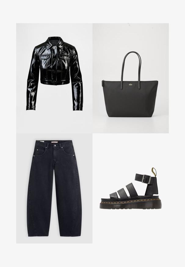Fekete, rövidített dzseki csillogó műbőrből. Két mellzsebbel, gombos előlappal és hegyes gallérral rendelkezik. Sima tapintású.; Fehér Adidas csíkos póló sötétkék részletekkel, kerek nyakkal, rövid raglán ujjal és hangsúlyos "adidas" logóval az elején.; Fekete farmer széles szárú nadrág magas derékkal, két elülső zsebből és ezüst színű fémrészekből áll. Simább anyagú, minimális varrási részletekkel és egyenes vonalvezetéssel.; Fekete bőr szandál három széles pánttal, állítható fém csattal, vastag texturált talppal és narancssárga varrással a szélein.; Fekete válltáska két hosszú fogantyúval, cipzáras tetejével és egy kis zöld krokodil logóval a fogantyúk alatt középen.